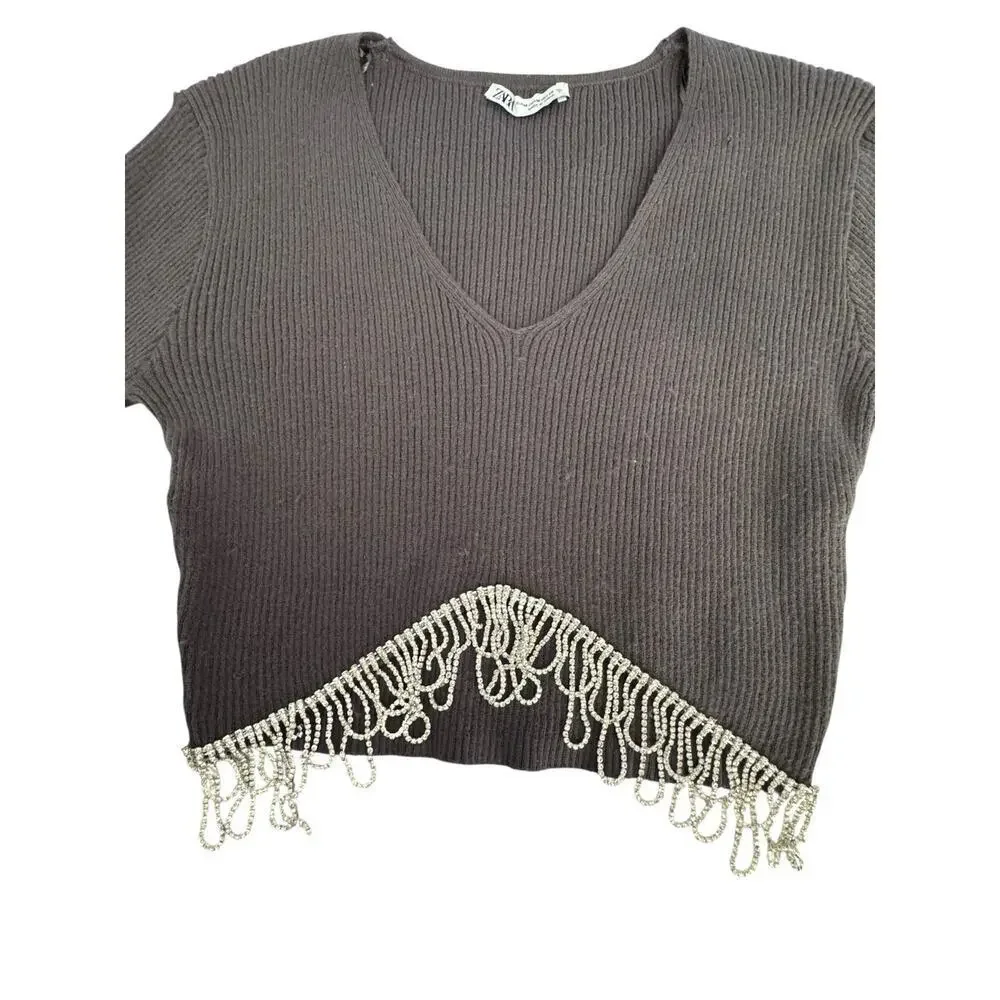 ZARA Gray Ribbed Knit Cropped Sweater w/ Pearl Rhinestone Fringe Hem - Size‎ M